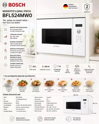 O‘rnatma mikroto‘lqinli pech Bosch BFL524MW0