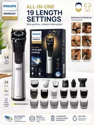 Universal trimmer Philips 9500/50 19 in 1 , 22 ta detal: yuz, bosh va tana