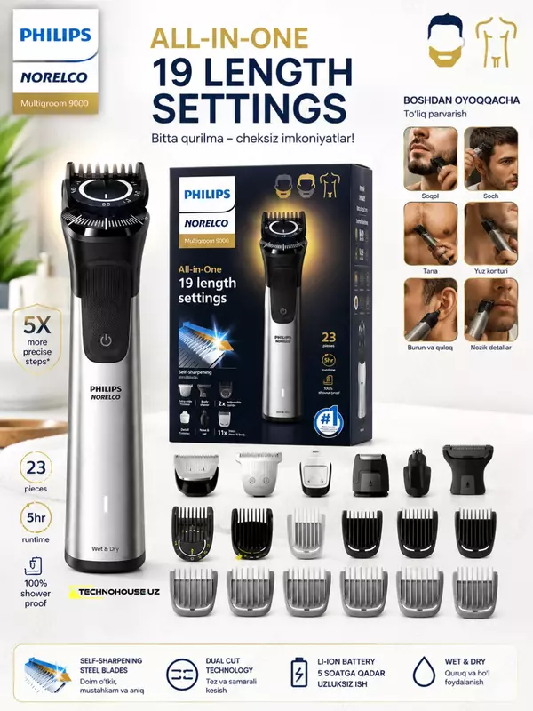 Universal trimmer Philips 9500/50 19 in 1 , 22 ta detal: yuz, bosh va tana