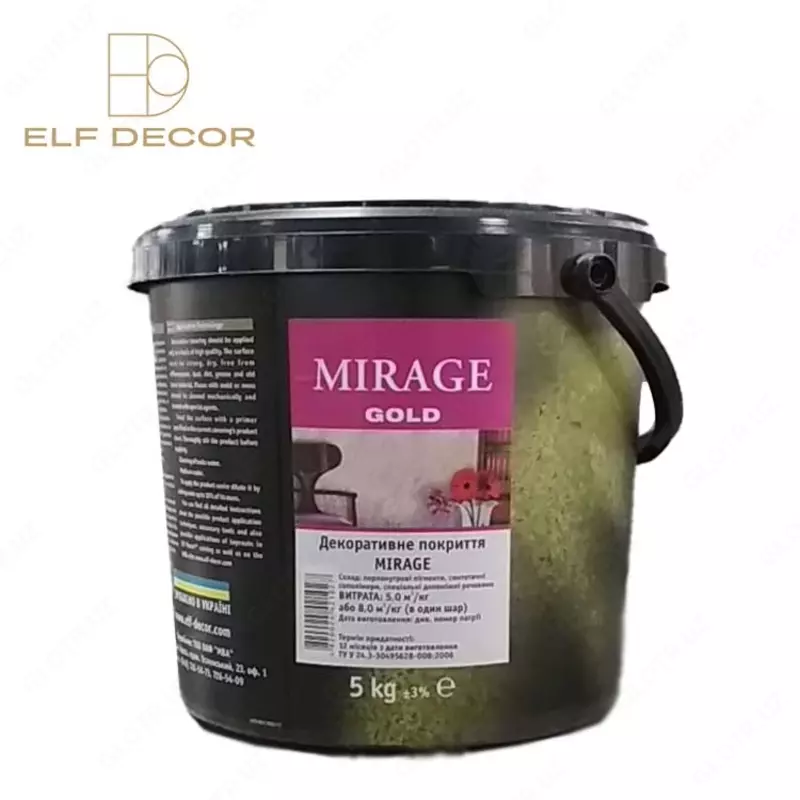 Декоративная краска Mirage Gold  бархатистая текстура с золотистым металлическим и перламутровым эффектом