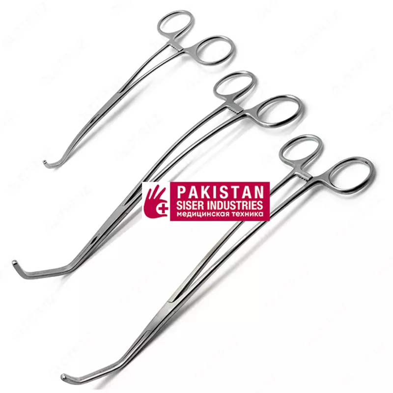 Зажим сосудистый эластичный с фиксатором  дважды изогнутый  по Сатинскому