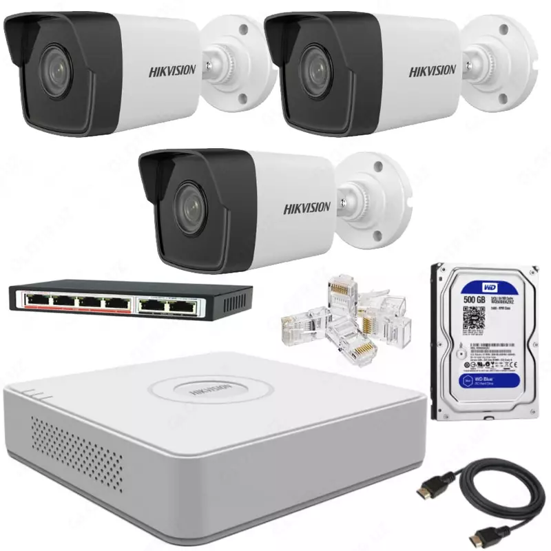 3 ta kamera uchun tayyor IP-kuzatuv to'plami "Hikvision" 2 mpx
