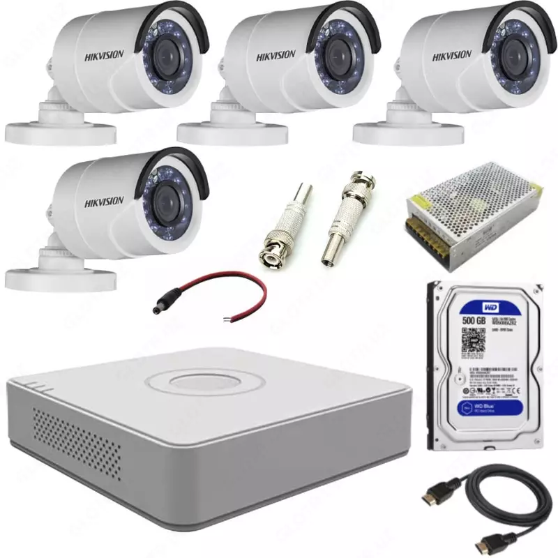 4 ta kamerali "Hikvision" 2 mpx uchun tayyor HD-CCTV to'plami