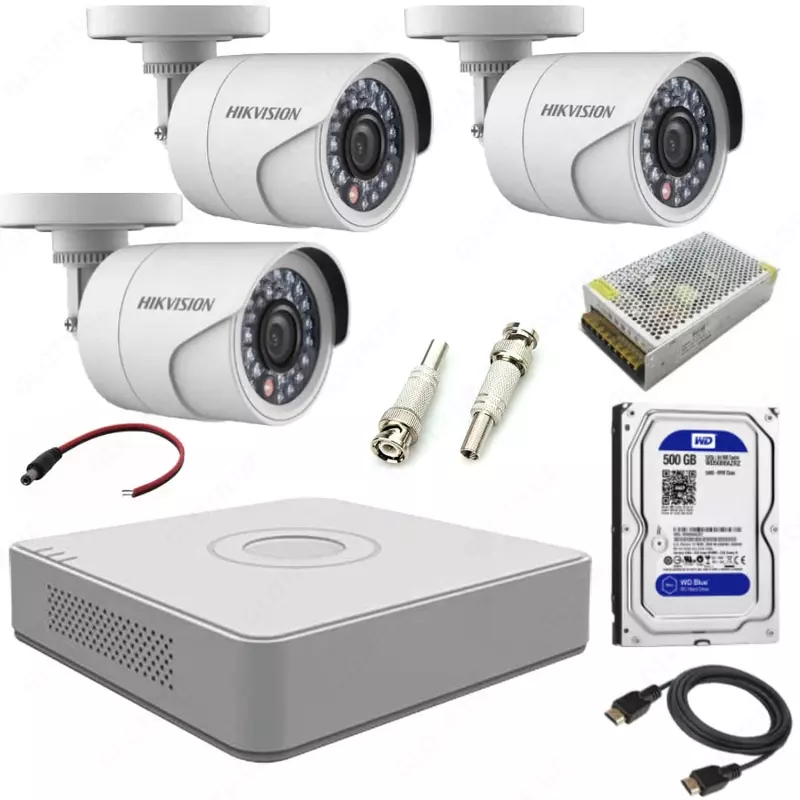 Готовый комплект HD-Видеонаблюдения на 3 камеры "Hikvision" 1.3мпх