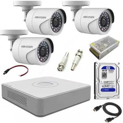 Готовый комплект HD-Видеонаблюдения на 3 камеры "Hikvision" 1.3мпх