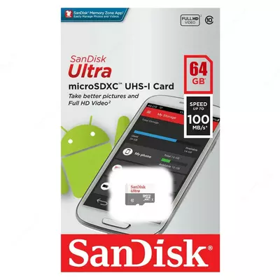Xotira kartasi  Xotira kartasi "SanDisk Ultra" micro SDHC/micro SDXC UHS-I 64 GB (Ref - SDSQUNR-064G-GN3MN)