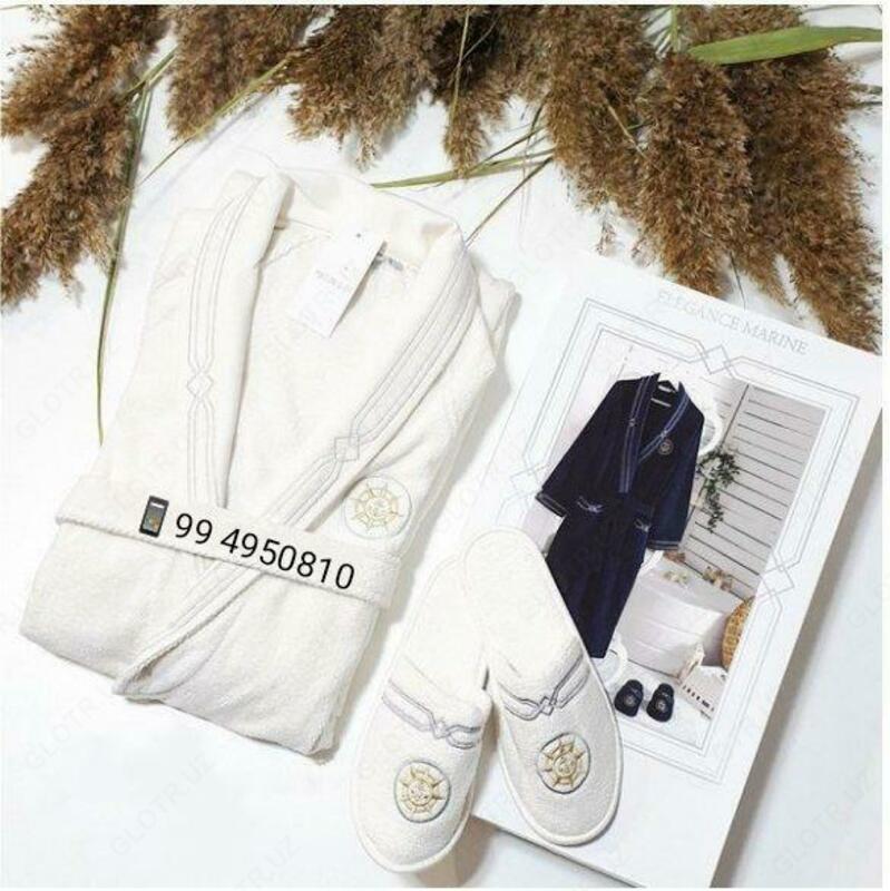 Мужской махровый халат с тапками (белый) - 750 000 сум