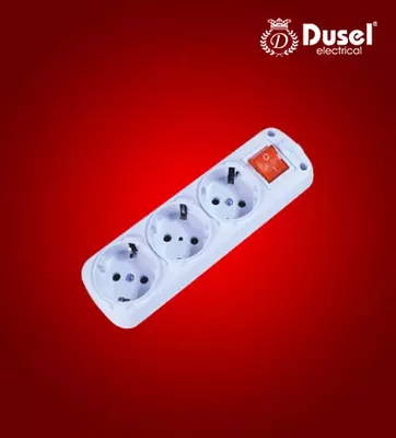 Колодка-розетка для удлинителя (3 гнезда) "Dusel" Pele DU-52, с заземлением, выключатель (Белая)
