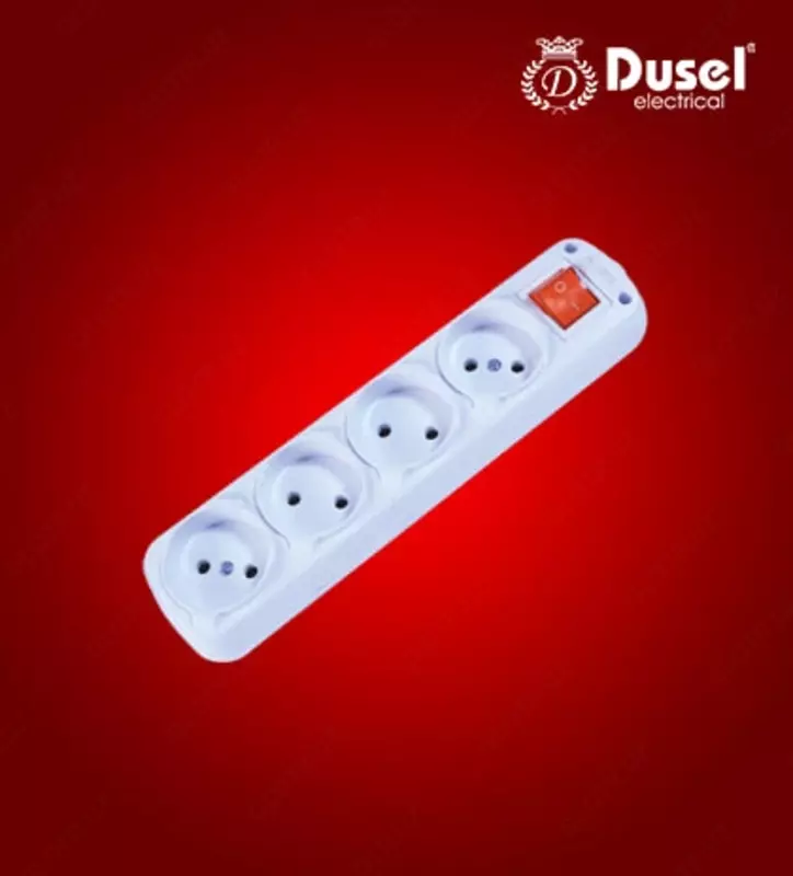 Колодка-розетка для удлинителя (4 гнезда) "Dusel" DU-57, без заземления, выключатель (Белая)