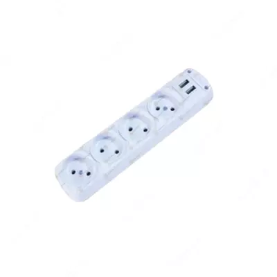 Uzatma simi uchun rozetka bloki (4 rozetka) "Dusel" DU-58, yerga ulanmagan, USB ulagichi (Oq)