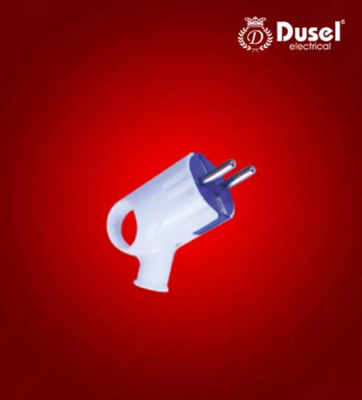 Электрическая угловая вилка для удлинителя (пластик) "Dusel" Du-60, 16А, с заземлением, с кольцом (Белая/синяя)