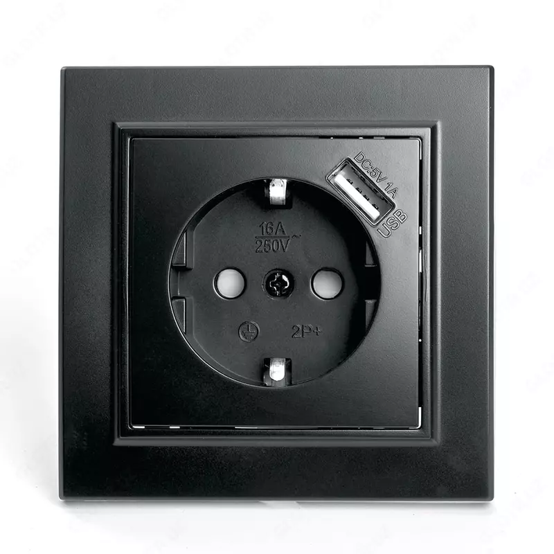 Одноместная розетка с USB-портом DC 5V 1A "Dusel" Rich, 16А, 250 В (Black)