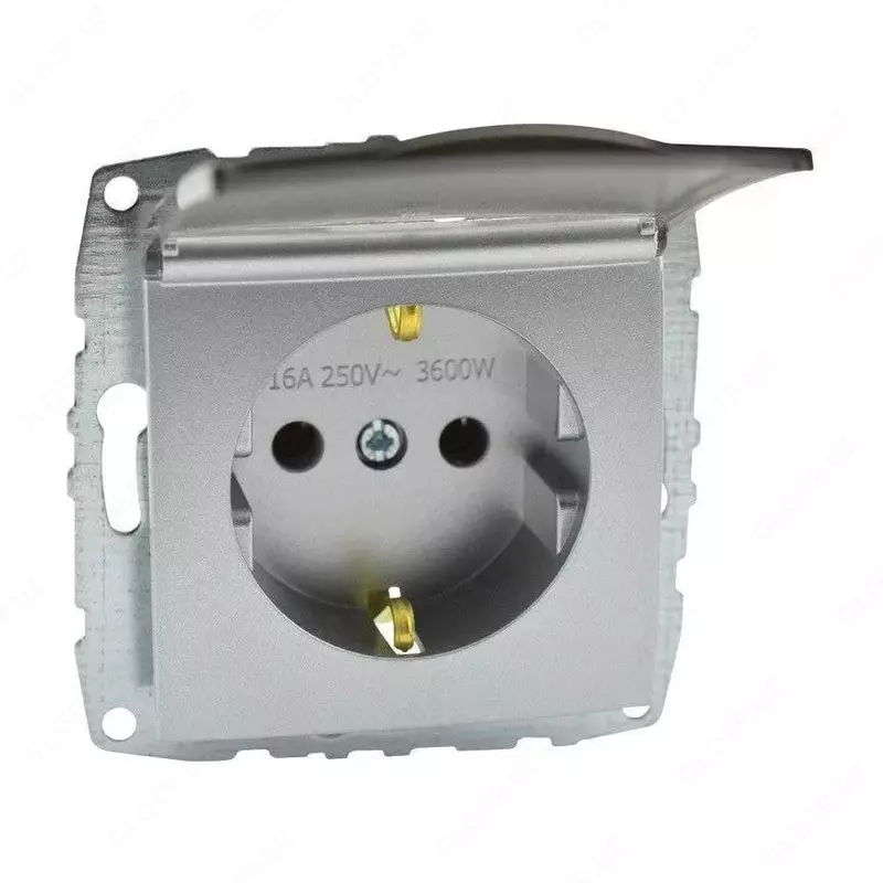 Qopqoqli bitta elektr rozetkasi (yerga ulangan) "Dusel" Rich, 16A, 220-250V (Kumush)