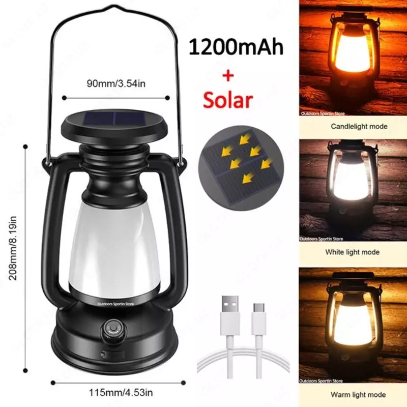 Солнечный фонарь Винтажный фонарь для кемпинга Type-C USB Зарядка рабочий светильник светодиодный настольный ночник Водонепроницаемый светильник для палатки Наружное