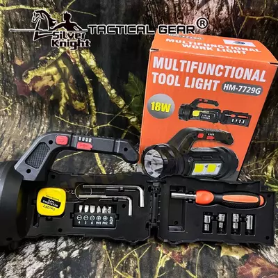 Многофункциональный фонарь с комплектом инструментов Модель: HM-7729 Материал: АБС Размер продукта: 215*100*142 мм Вес: 580 г (с аккумулятором) ПАРАМЕТРЫ ПРОДУКТА⬇️ ✔️ Лампа: T6 + COB ✔️ Тип - 250 000 so'm / dona