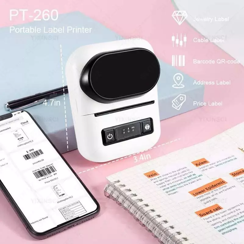  PT-260 Принтер этикеток 58 м Портативный карманный термопринтер Bluetooth Мобильный принтер 20-50 мм Наклейки со штрих-кодом Печать имени и цены Домашний Уголок