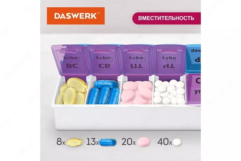 Таблетница - настоящее спасение для тех, кто постоянно забывает принимать нужные таблетки и витамины. В ней так же можно всегда держать под рукой средства первой помощи. Контейнер для лекарств состоит