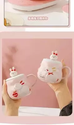 Креативная рельефная керамическая кружка "Милый кролик" или "Счастливый кролик" с подставкой для подогрева. - "Domashniy ugolok" XK
