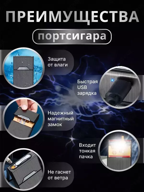   Портсигар с зажигалкой электронной USB мужской/женский (для тонких пачек).