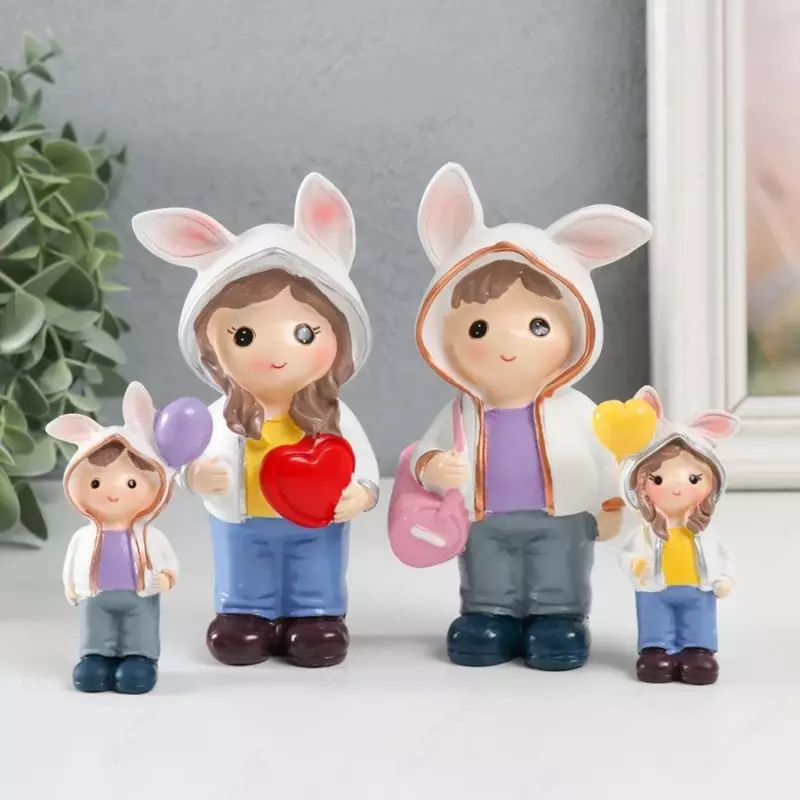 Сувенир полистоун "Малыши в толстовках с зайчьими ушками" набор 4 шт 3х2х7