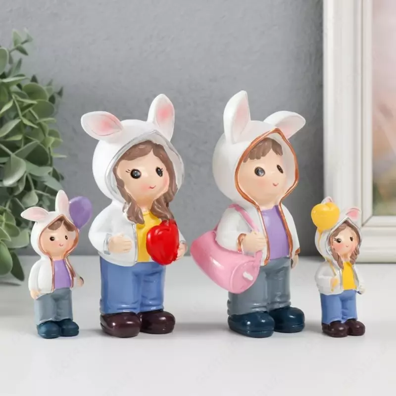 Сувенир полистоун "Малыши в толстовках с зайчьими ушками" набор 4 шт 3х2х7