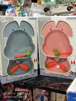 Детская посуда в форме розового зайчика c двойной присоской для кормления