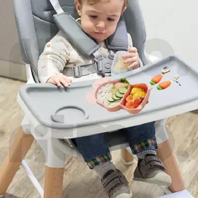 Детская посуда в форме розового зайчика c двойной присоской для кормления