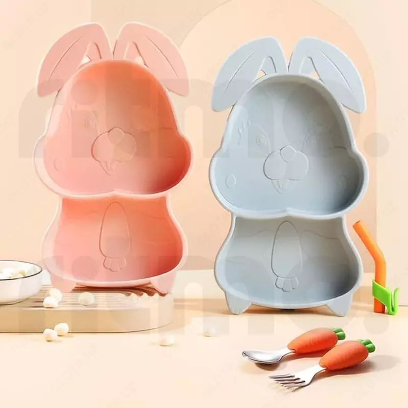 Детская посуда в форме розового зайчика c двойной присоской для кормления Прочие детские товары
