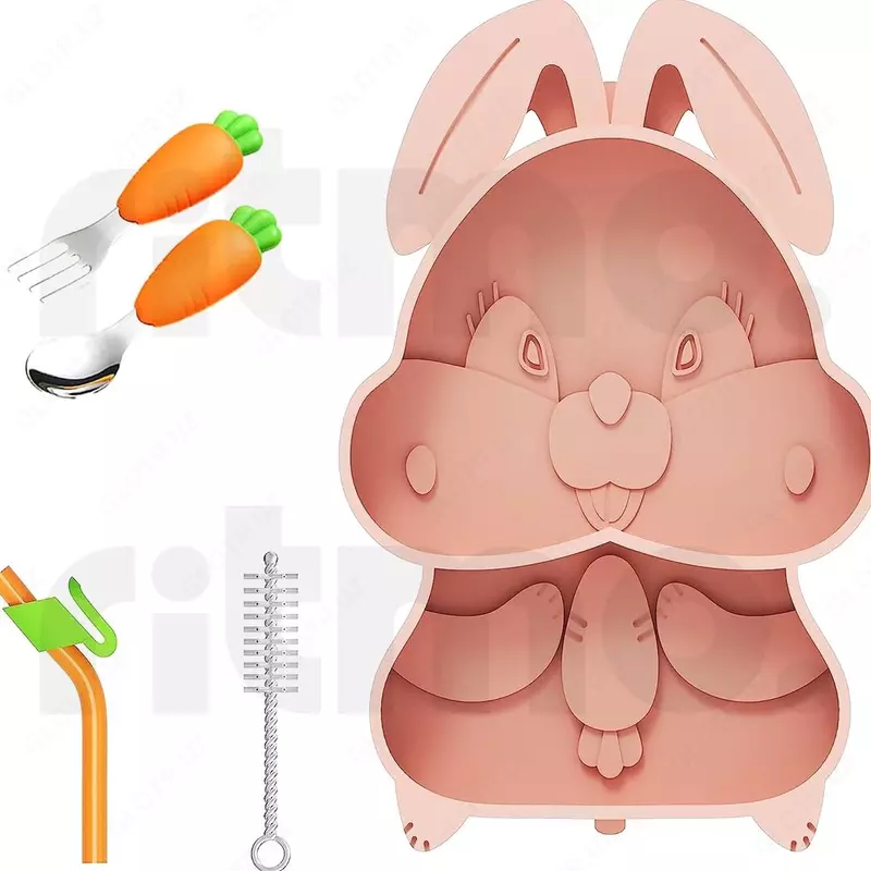 Силиконовая тарелка-подставка в форме розового кролика для кормления (бренд Frixen)