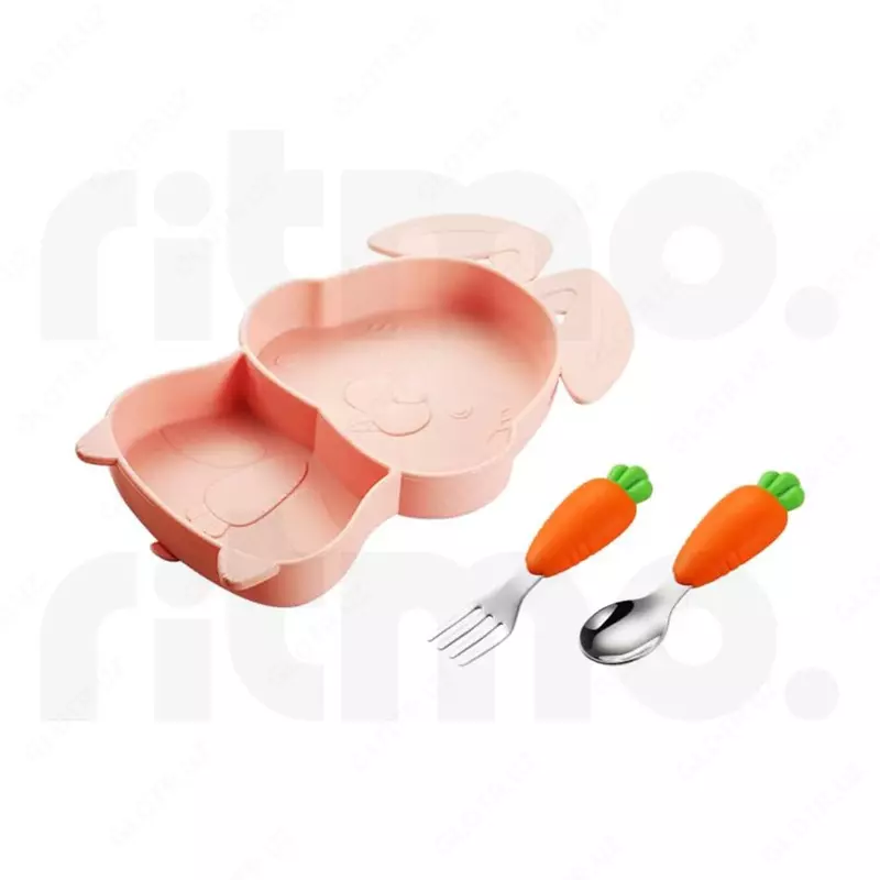 Силиконовая тарелка-подставка в форме розового кролика для кормления (бренд Frixen)