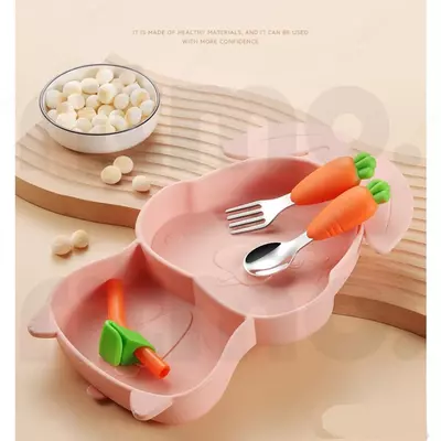 Силиконовая тарелка-подставка в форме розового кролика для кормления (бренд Frixen)