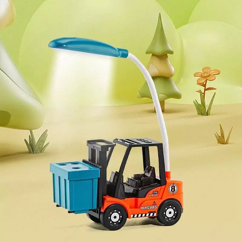 Красочная настольная лампа с имитацией вилочного погрузчика.