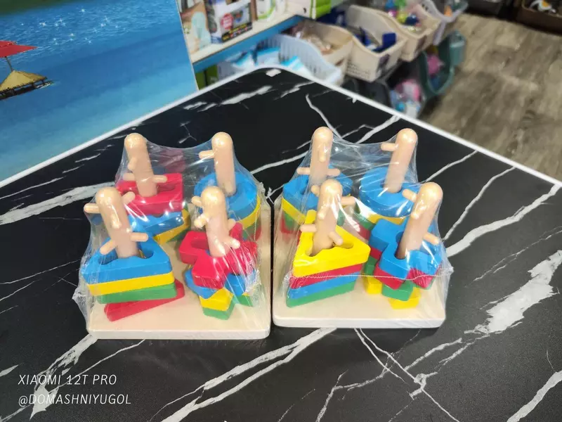 Пирамида-Геометрический сортер на деревянной подставке.