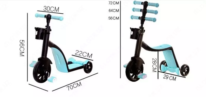 Современный самокат-транссформер с функцией беговела и 3хколесного велосипеда. Может трансформироваться из 2-хколесного самоката или беговела в 3-хколесный.Быстро превращается в 3хколесный велосипед. "Domashniy ugolok" XK