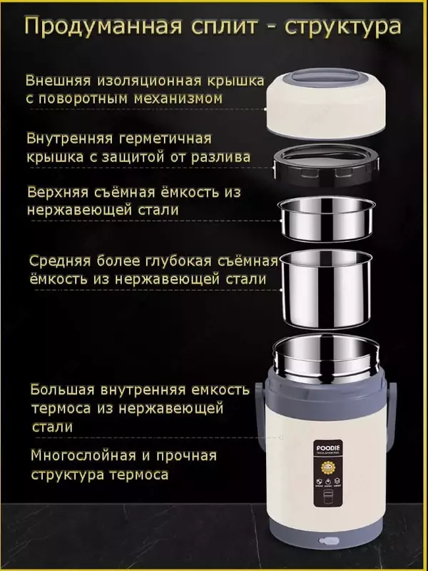 Портативный электротермос - термоконтейнер с подогревом (Foodie) для еды (2л.)