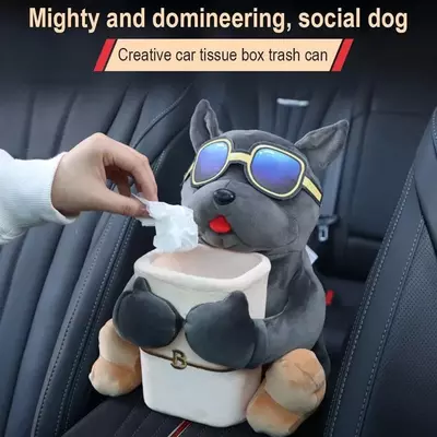 Плюшевая коробка 2-в-1 для салфеток и мусорное ведро для автомобиля (Бульдог с ведром).