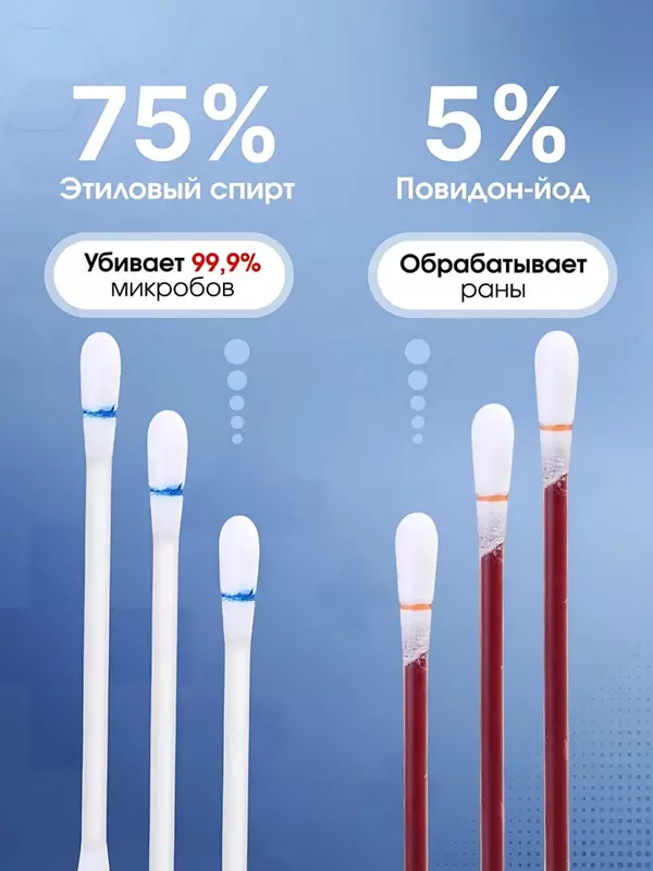 Yod va spirt bilan paxta tayoqchalari, plastirlar va salfetkalar, sayohat uchun dori-darmon to‘plami, antiseptik (50 dona)