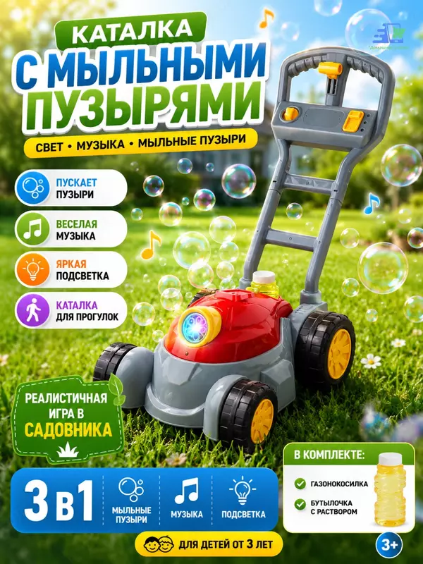Каталка, газонокосилка с мыльными пузырями, музыкой и подсветкой, для детей