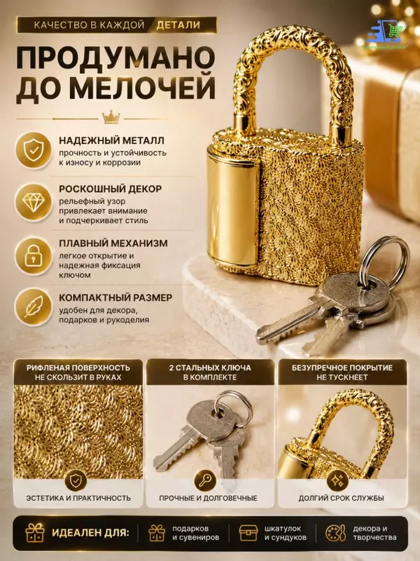 Декоративный навесной замок с ключами, металлический, мини-замок (Цвет: золотой).