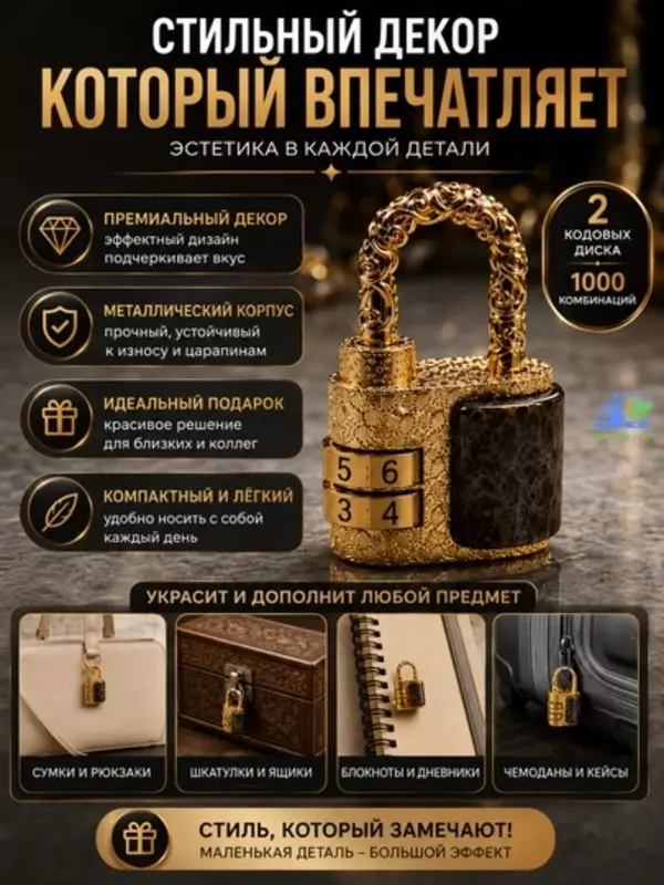 Kombinatsiyali mini kodli dekorativ osma qulf (to‘q jigarrang).