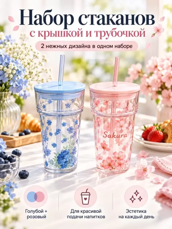Набор стаканов с крышками и трубочками 2 шт, (Blue Flowers-Свежий голубой оттенок крышки и нежный цветочный рисунок)