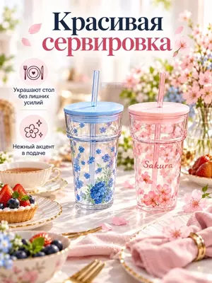 Qopqoqli va naychali stakanlar to‘plami, 2 dona, (Blue Flowers - Qopqoqning yangi ko‘k rangi va nafis gul naqshi)