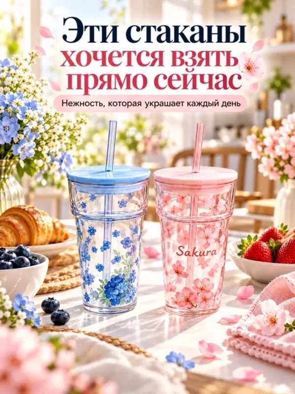 Набор стаканов с крышками и трубочками 2 шт, (Blue Flowers-Свежий голубой оттенок крышки и нежный цветочный рисунок)