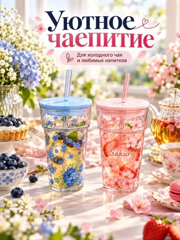 Набор стаканов с крышками и трубочками 2 шт, (Blue Flowers-Свежий голубой оттенок крышки и нежный цветочный рисунок)