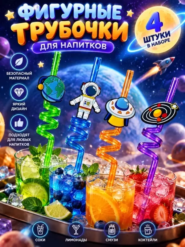 Фигурные трубочки для напитков Космос, набор 4 шт, для детей и праздника (Аметистовый)