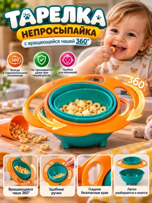 Детская тарелка-непросыпайка 360° с вращающейся чашей и ручками для кормления (ментоловый)