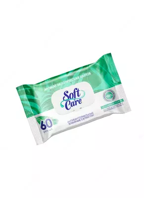 Влажные салфетки (без запаха) "Softcare" 60 шт, антибактериальные (Код - 1287) Ассортимент