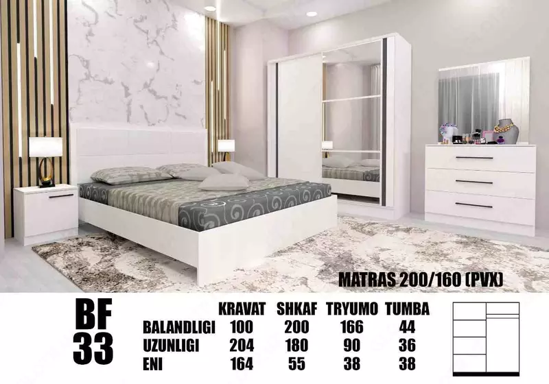 Yotoqxona to'plami (+matras va yig'ish hizmati) Yotoqxona garnituralari