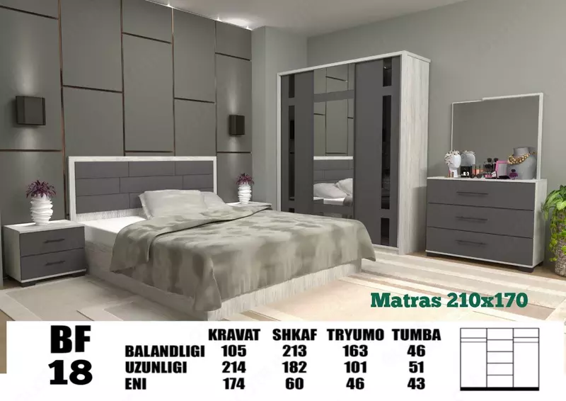 Yotoqxona to'plami (+matras va yig'ish hizmati) Chakana savdo