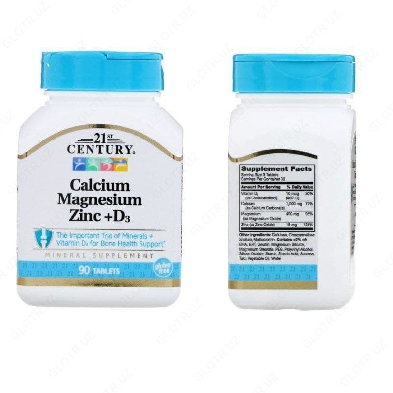  Витамин D3  Кальций  Магний  Цинк от 21st Century  Calcium Magnesium Zinc + D3  (90 капсул) - 